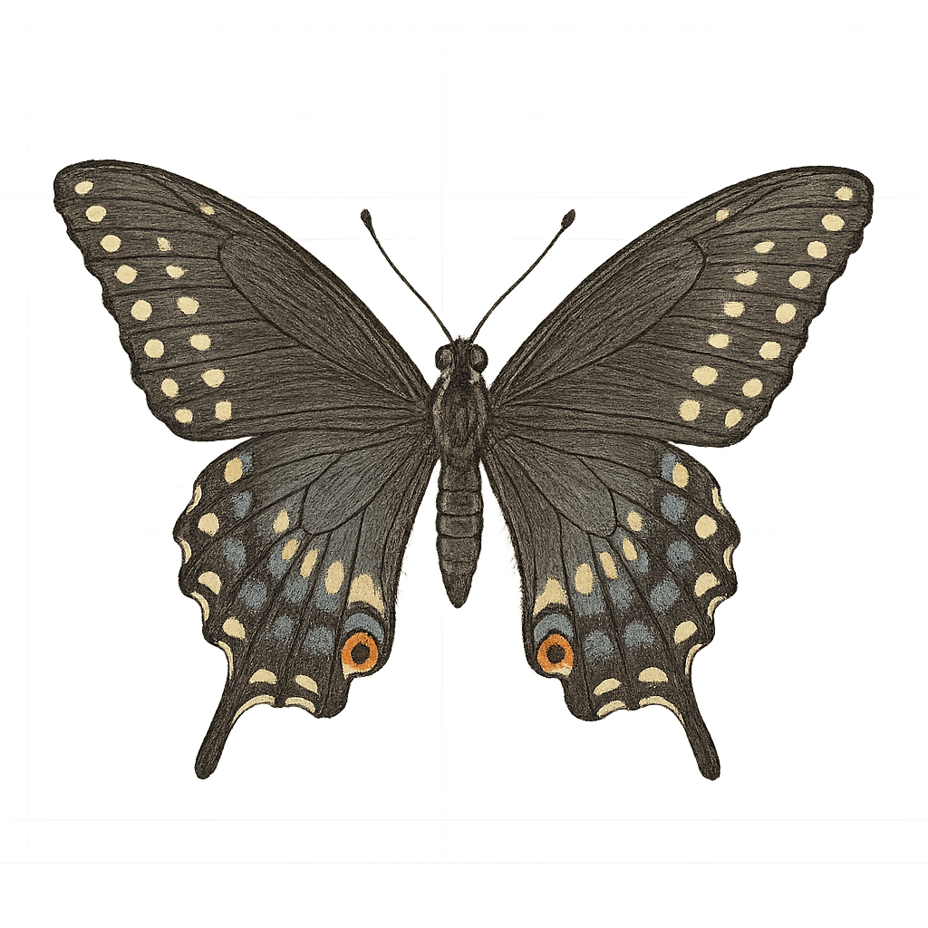 A hand-drawn, tranquil graphic of black swallowtail butterfly – a t-shirt design