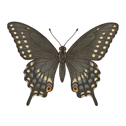 A hand-drawn, tranquil graphic of black swallowtail butterfly – a t-shirt design