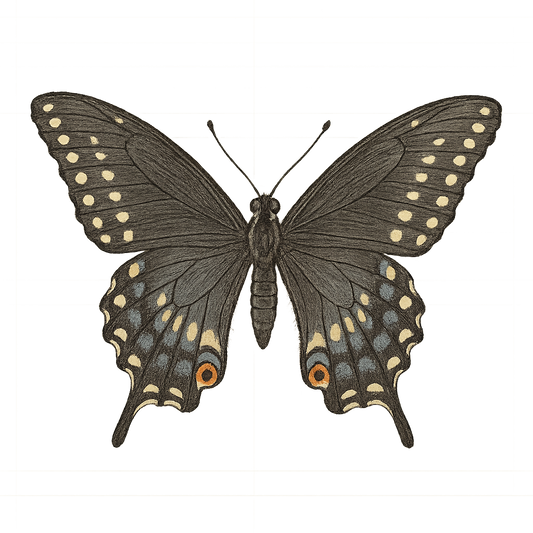 A hand-drawn, tranquil graphic of black swallowtail butterfly – a t-shirt design