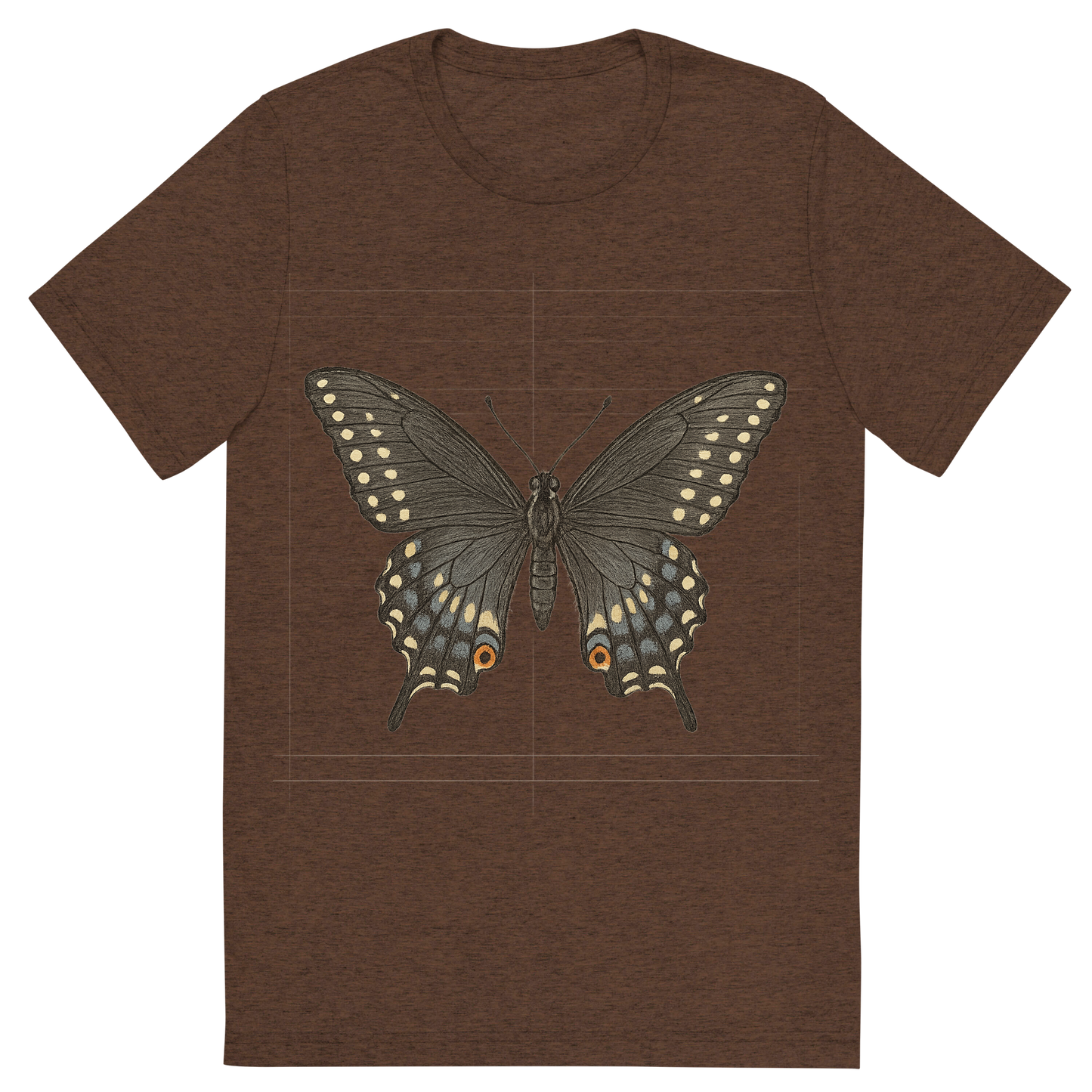 Front view of a Premium Tri-Blend Crew Neck T-Shirt in Brown showing 'A hand-drawn, tranquil graphic of black swallowtail butterfly'