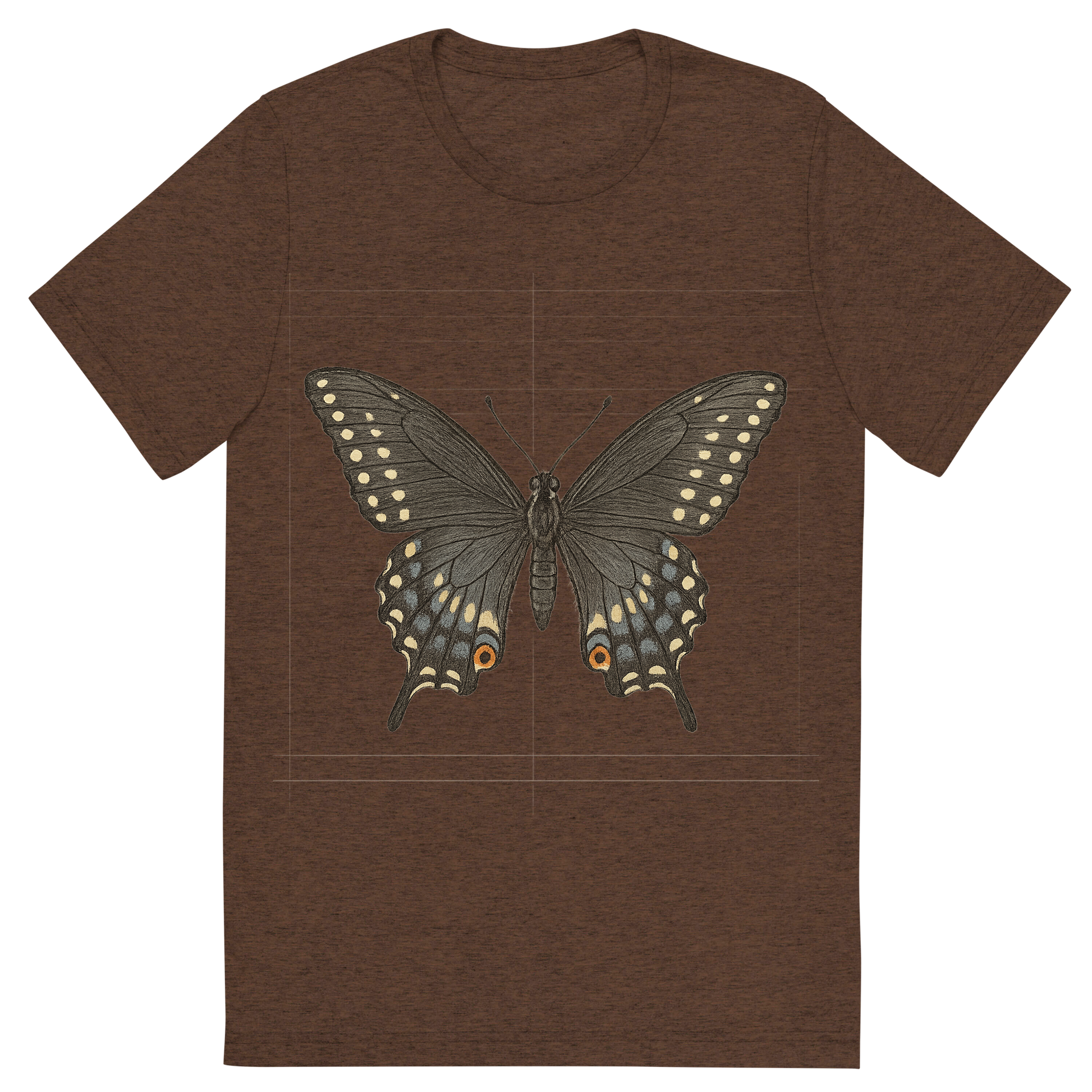 Front view of a Premium Tri-Blend Crew Neck T-Shirt in Brown showing 'A hand-drawn, tranquil graphic of black swallowtail butterfly'