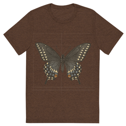 Front view of a Premium Tri-Blend Crew Neck T-Shirt in Brown showing 'A hand-drawn, tranquil graphic of black swallowtail butterfly'