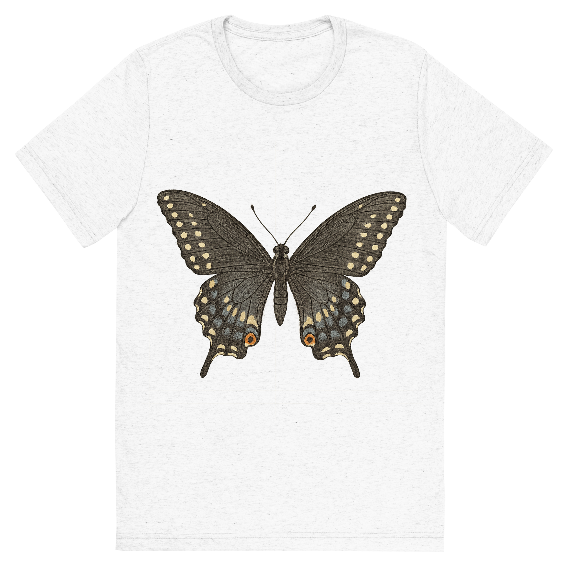 Front view of a Premium Tri-Blend Crew Neck T-Shirt in Solid White showing 'A hand-drawn, tranquil graphic of black swallowtail butterfly'