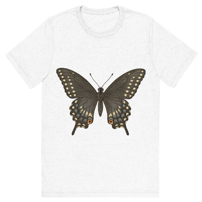 Front view of a Premium Tri-Blend Crew Neck T-Shirt in Solid White showing 'A hand-drawn, tranquil graphic of black swallowtail butterfly'