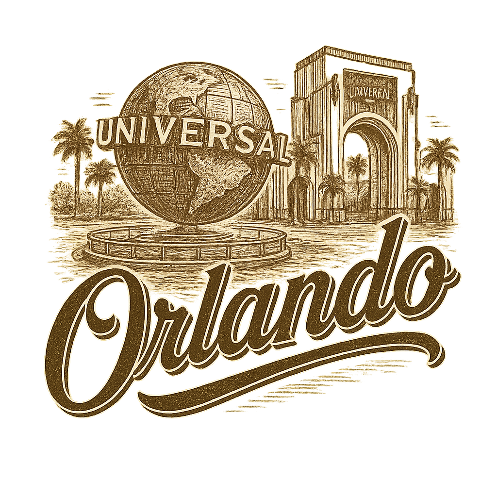 A typographic, nostalgic graphic of a typographic illustration of the words 'orlando' with a vintage line art drawing of the universal studios – a t-shirt design