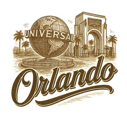A typographic, nostalgic graphic of a typographic illustration of the words 'orlando' with a vintage line art drawing of the universal studios – a t-shirt design