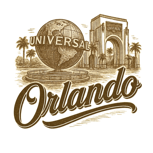 A typographic, nostalgic graphic of a typographic illustration of the words 'orlando' with a vintage line art drawing of the universal studios – a t-shirt design