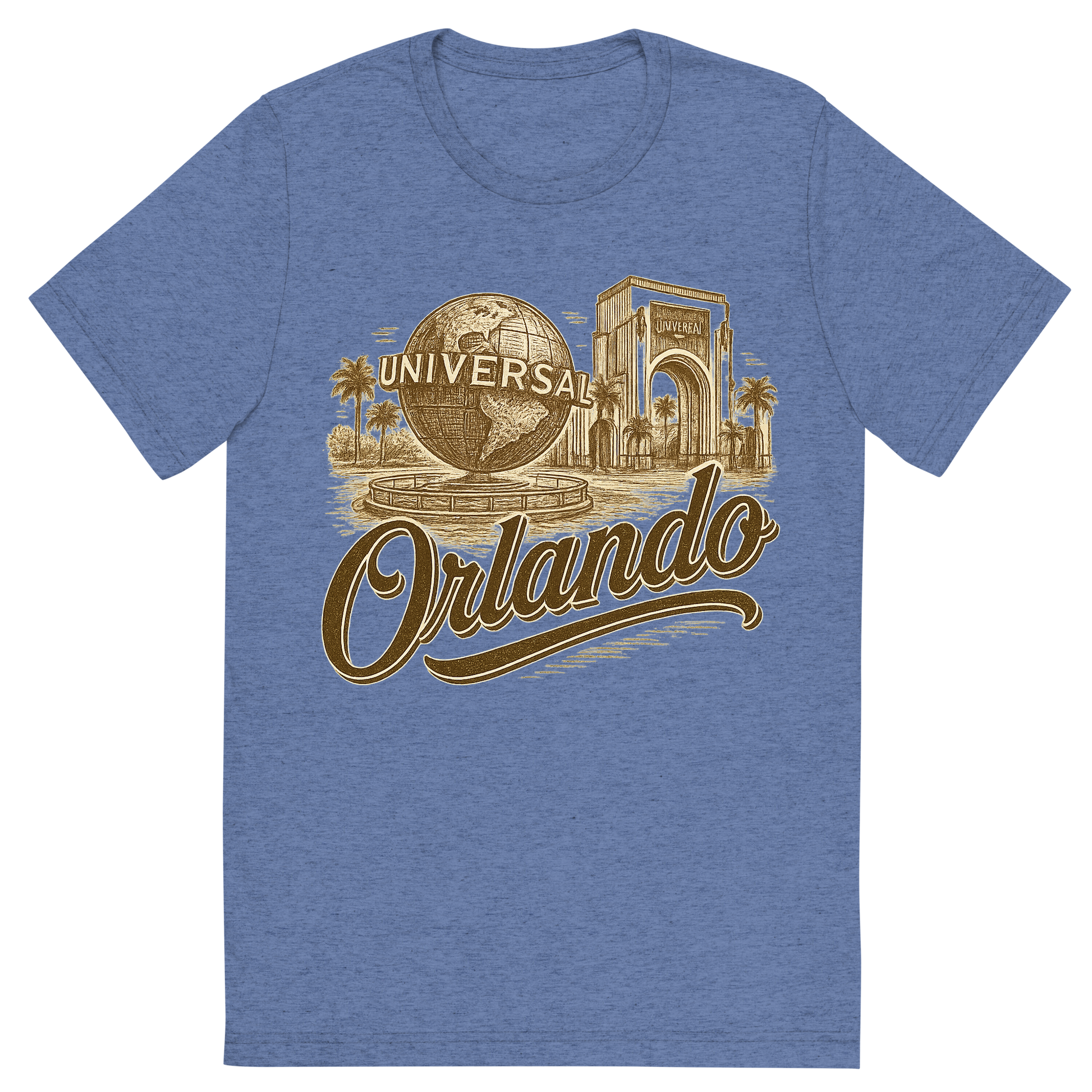 Front view of a Premium Tri-Blend Crew Neck T-Shirt in Blue showing 'A typographic, nostalgic graphic of a typographic illustration of the words 'orlando' with a vintage line art drawing of the universal studios'