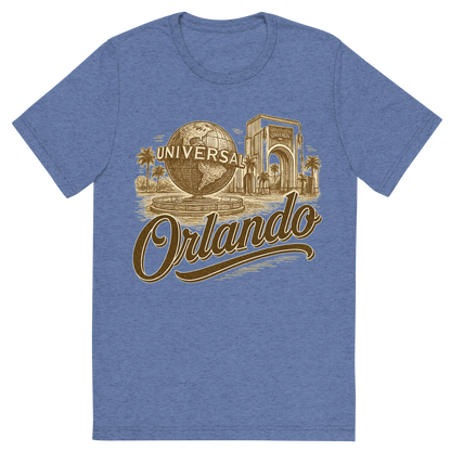 Front view of a Premium Tri-Blend Crew Neck T-Shirt in Blue showing 'A typographic, nostalgic graphic of a typographic illustration of the words 'orlando' with a vintage line art drawing of the universal studios'