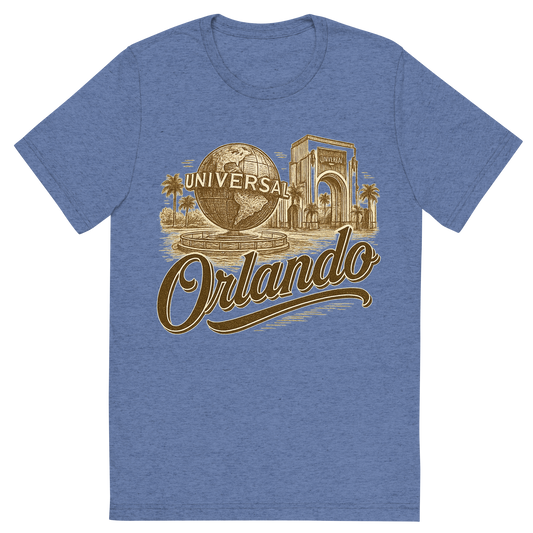 Front view of a Premium Tri-Blend Crew Neck T-Shirt in Blue showing 'A typographic, nostalgic graphic of a typographic illustration of the words 'orlando' with a vintage line art drawing of the universal studios'
