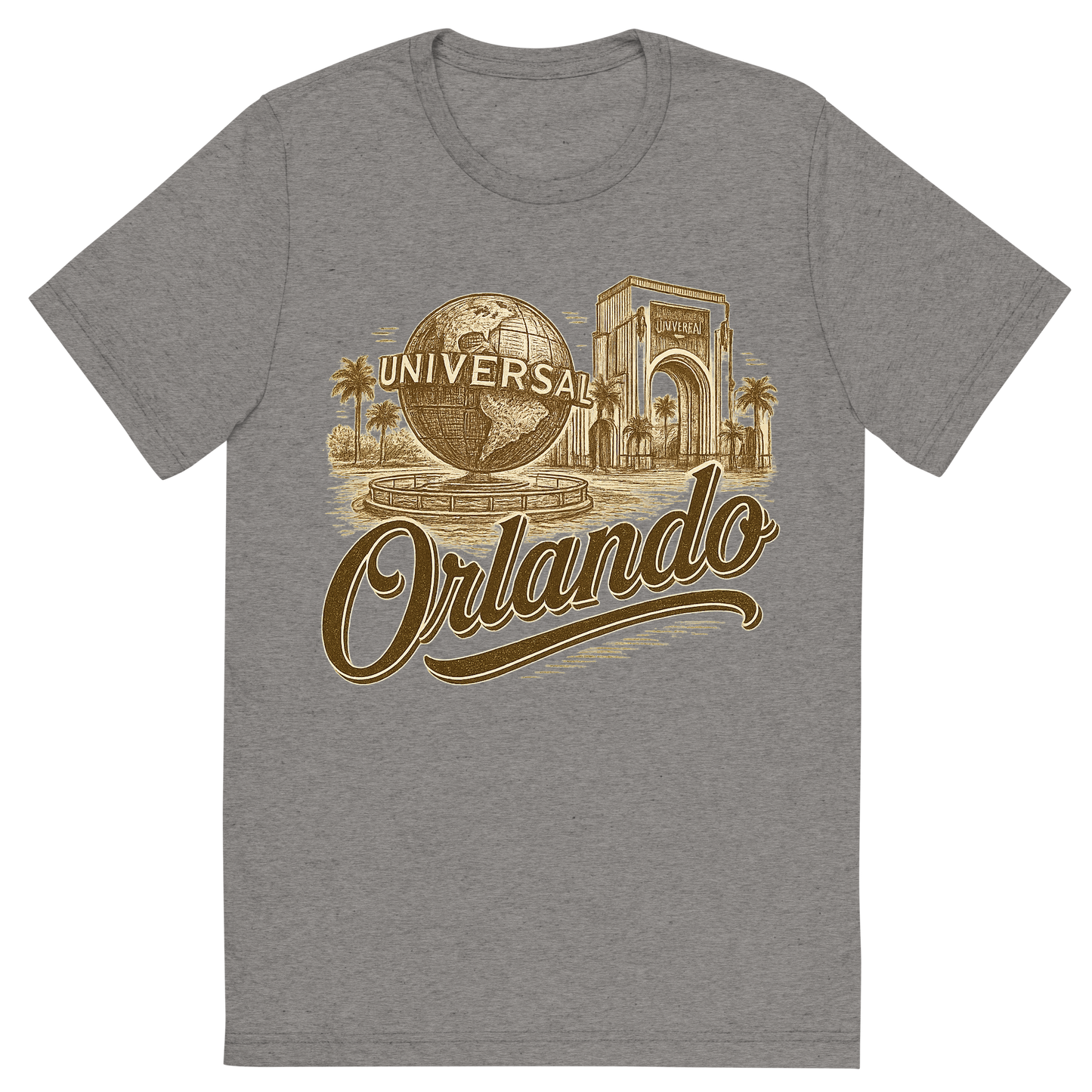 Front view of a Premium Tri-Blend Crew Neck T-Shirt in Grey showing 'A typographic, nostalgic graphic of a typographic illustration of the words 'orlando' with a vintage line art drawing of the universal studios'