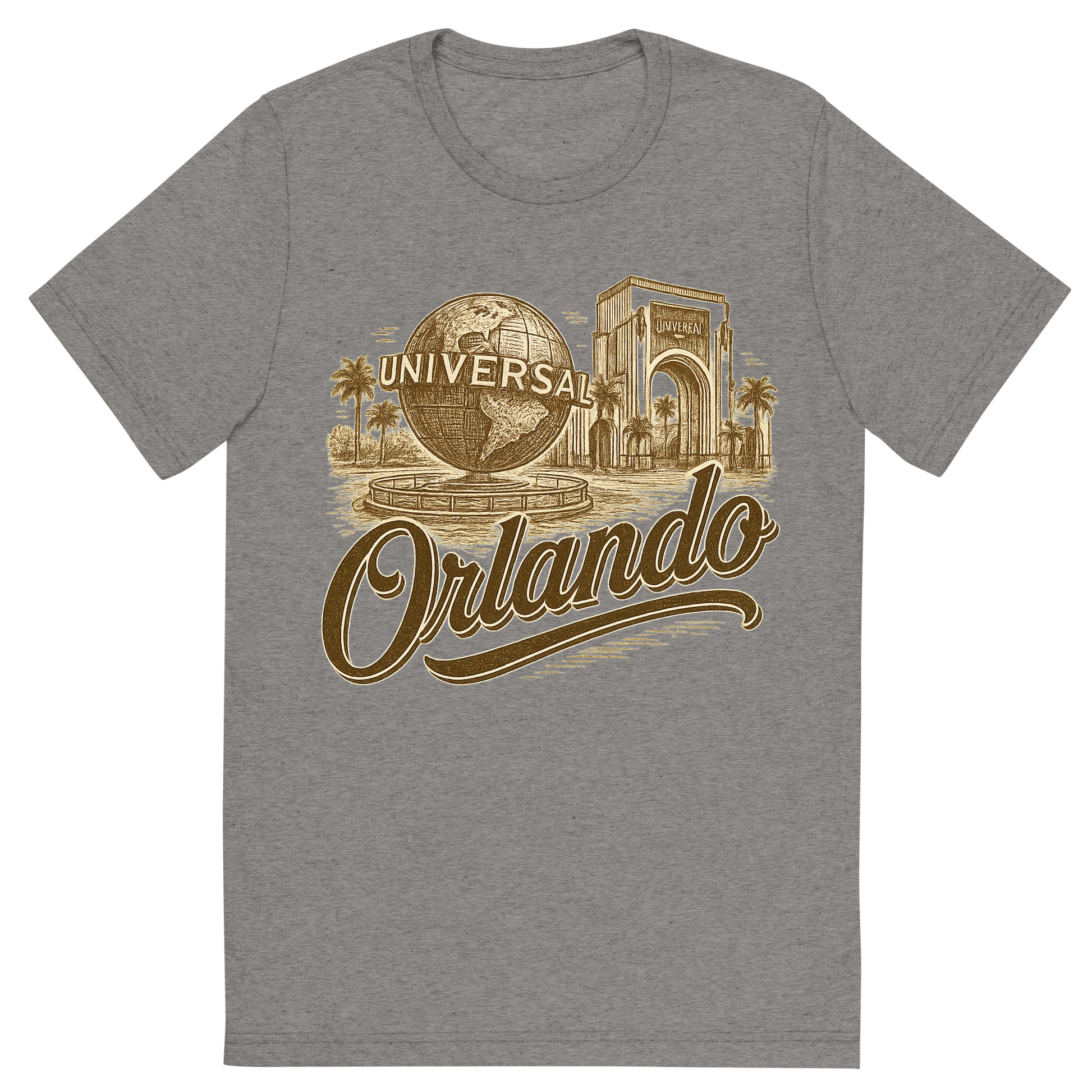 Front view of a Premium Tri-Blend Crew Neck T-Shirt in Grey showing 'A typographic, nostalgic graphic of a typographic illustration of the words 'orlando' with a vintage line art drawing of the universal studios'