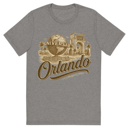 Front view of a Premium Tri-Blend Crew Neck T-Shirt in Grey showing 'A typographic, nostalgic graphic of a typographic illustration of the words 'orlando' with a vintage line art drawing of the universal studios'