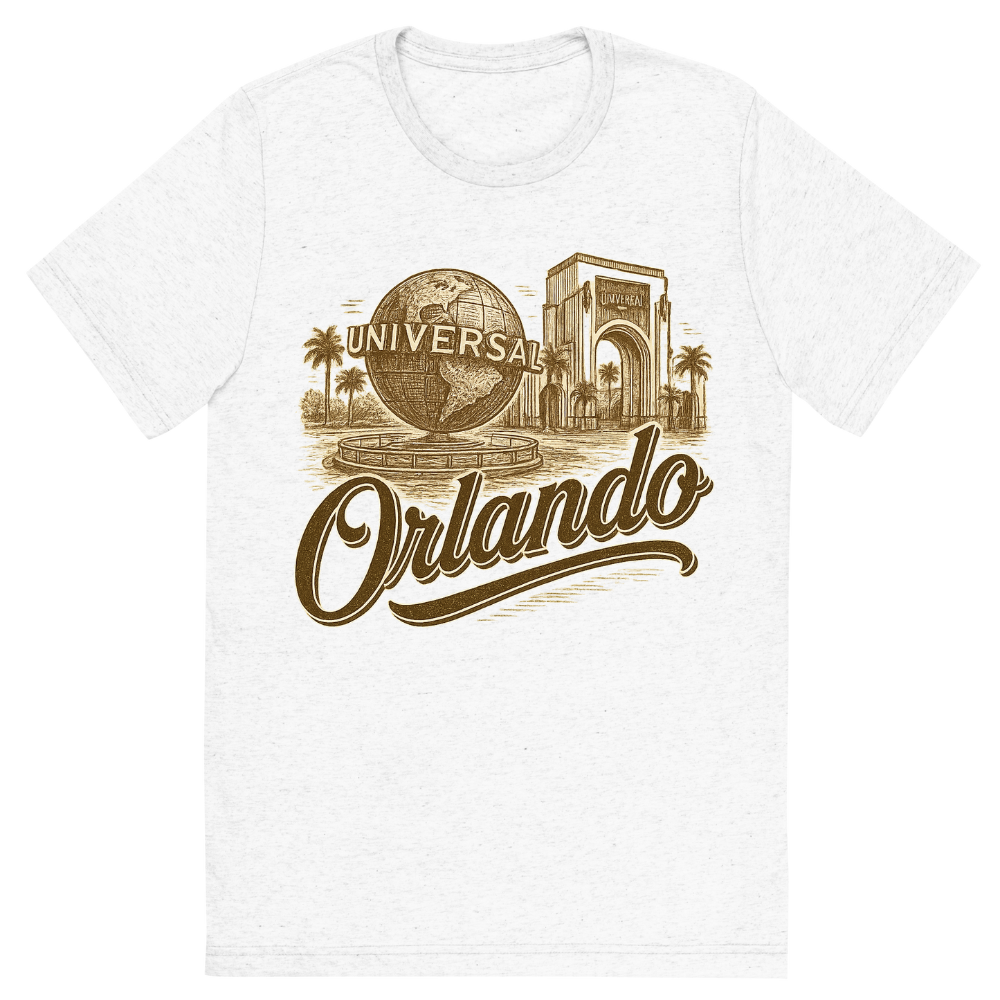 Front view of a Premium Tri-Blend Crew Neck T-Shirt in Solid White showing 'A typographic, nostalgic graphic of a typographic illustration of the words 'orlando' with a vintage line art drawing of the universal studios'