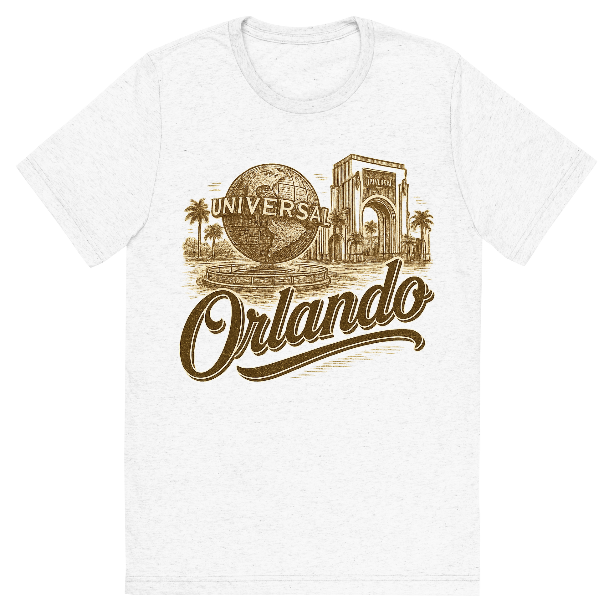 Front view of a Premium Tri-Blend Crew Neck T-Shirt in Solid White showing 'A typographic, nostalgic graphic of a typographic illustration of the words 'orlando' with a vintage line art drawing of the universal studios'