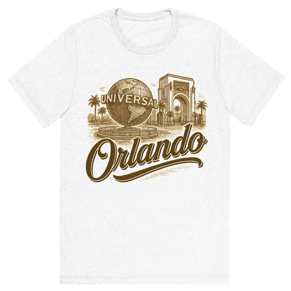 Front view of a Premium Tri-Blend Crew Neck T-Shirt in Solid White showing 'A typographic, nostalgic graphic of a typographic illustration of the words 'orlando' with a vintage line art drawing of the universal studios'