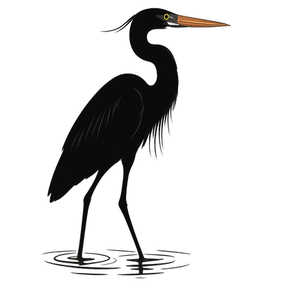A high-contrast silhouette with minimal accent color, graceful graphic of a tall silhouette of a great blue heron wading in shallow water, with subtle color on the beak and eye, long legs and neck featured, transparent background, optimized for dtg printing - a t-shirt design