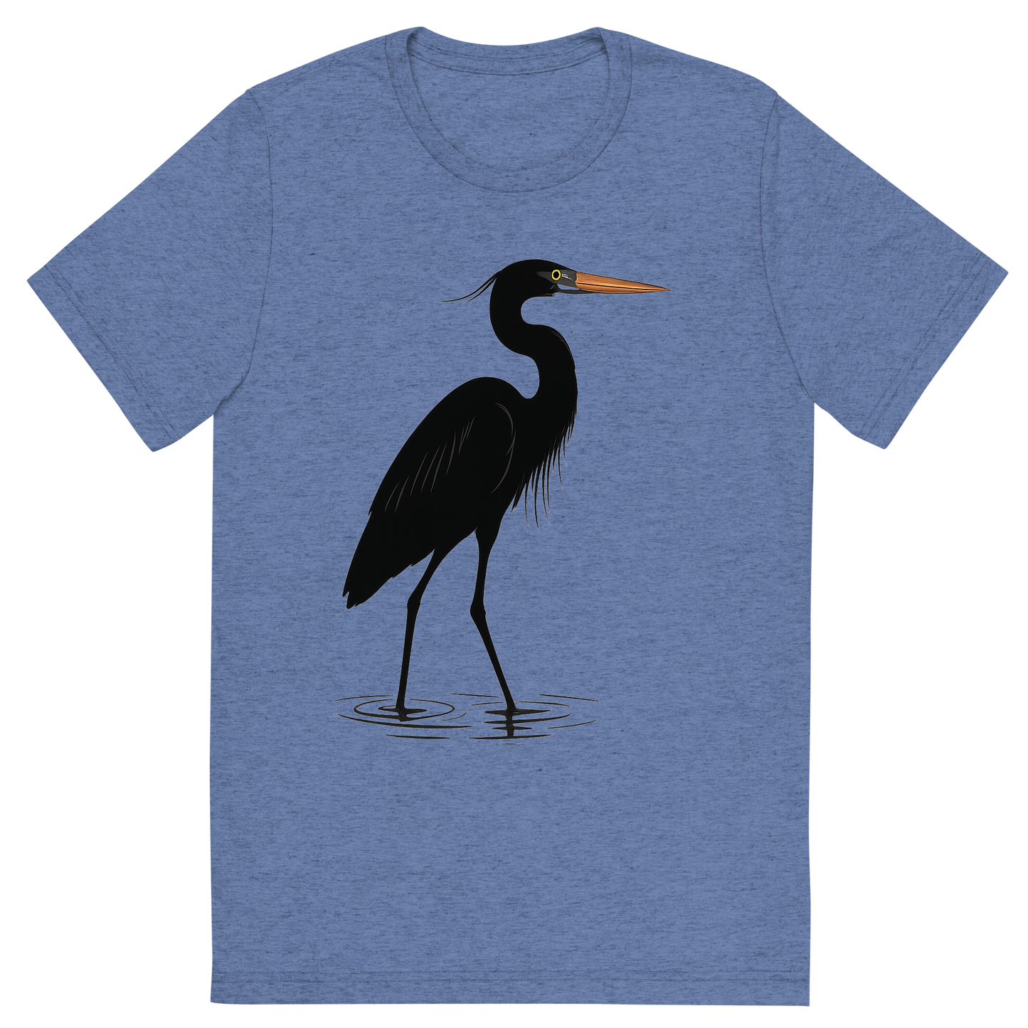 Front view of a Premium Tri-Blend Crew Neck T-Shirt in Blue showing 'A high-contrast silhouette with minimal accent color, graceful graphic of a tall silhouette of a great blue heron wading in shallow water, with subtle color on the beak and eye, long legs and neck featured, transparent background, optimized for dtg printing'
