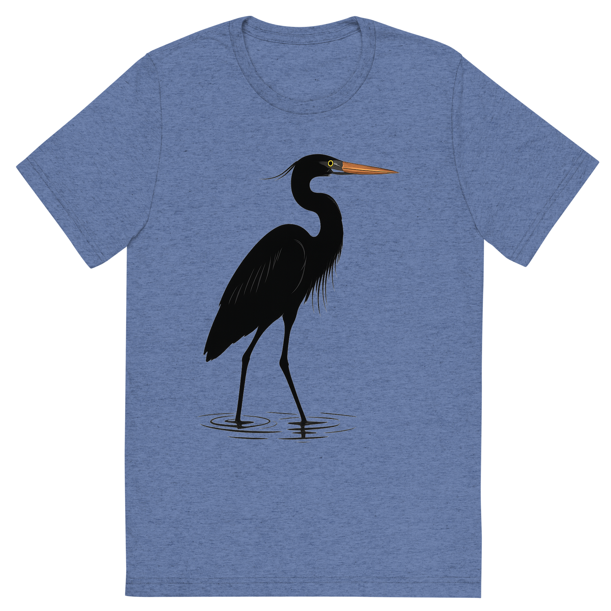 Front view of a Premium Tri-Blend Crew Neck T-Shirt in Blue showing 'A high-contrast silhouette with minimal accent color, graceful graphic of a tall silhouette of a great blue heron wading in shallow water, with subtle color on the beak and eye, long legs and neck featured, transparent background, optimized for dtg printing'