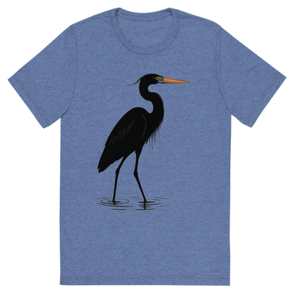 Front view of a Premium Tri-Blend Crew Neck T-Shirt in Blue showing 'A high-contrast silhouette with minimal accent color, graceful graphic of a tall silhouette of a great blue heron wading in shallow water, with subtle color on the beak and eye, long legs and neck featured, transparent background, optimized for dtg printing'