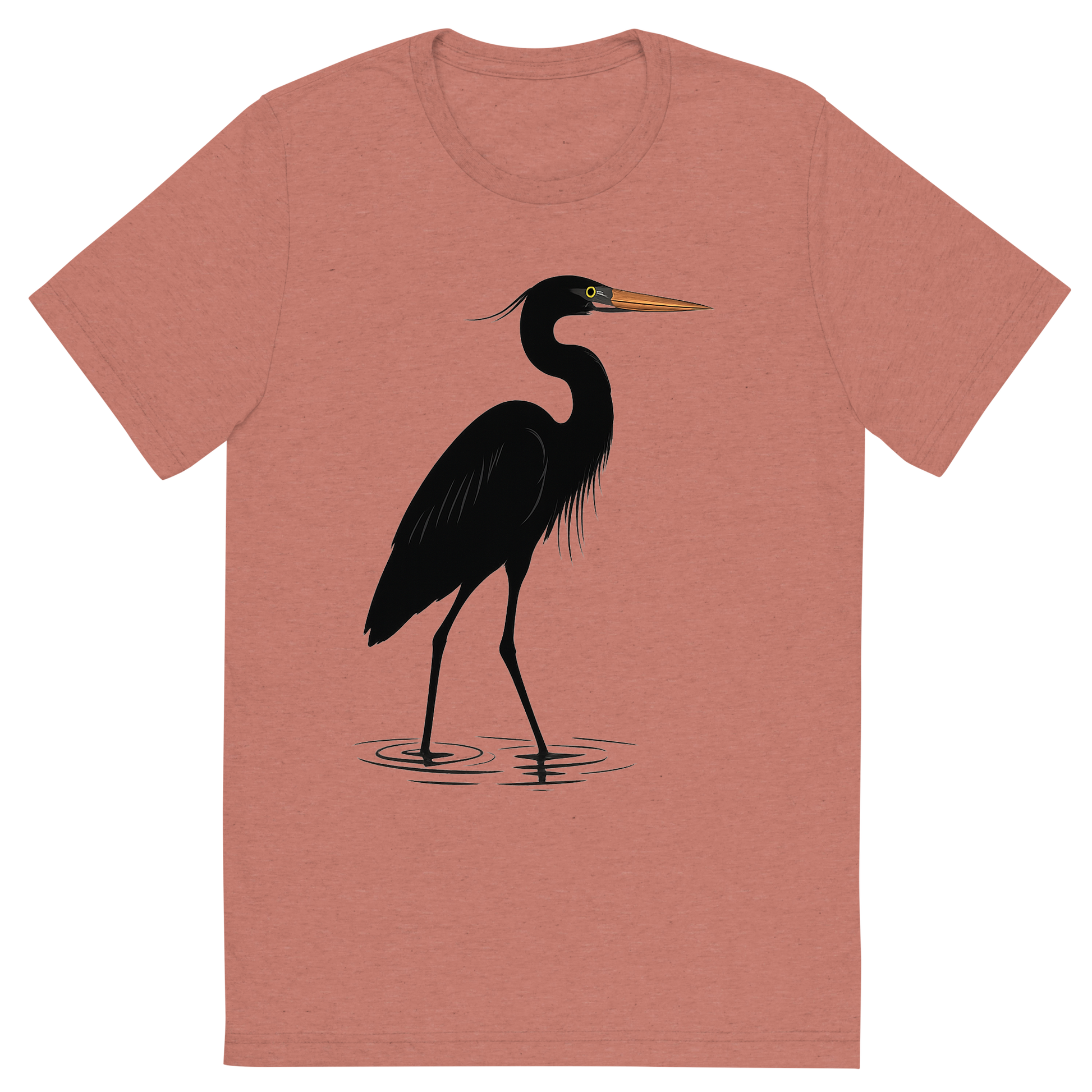 Front view of a Premium Tri-Blend Crew Neck T-Shirt in Mauve showing 'A high-contrast silhouette with minimal accent color, graceful graphic of a tall silhouette of a great blue heron wading in shallow water, with subtle color on the beak and eye, long legs and neck featured, transparent background, optimized for dtg printing'