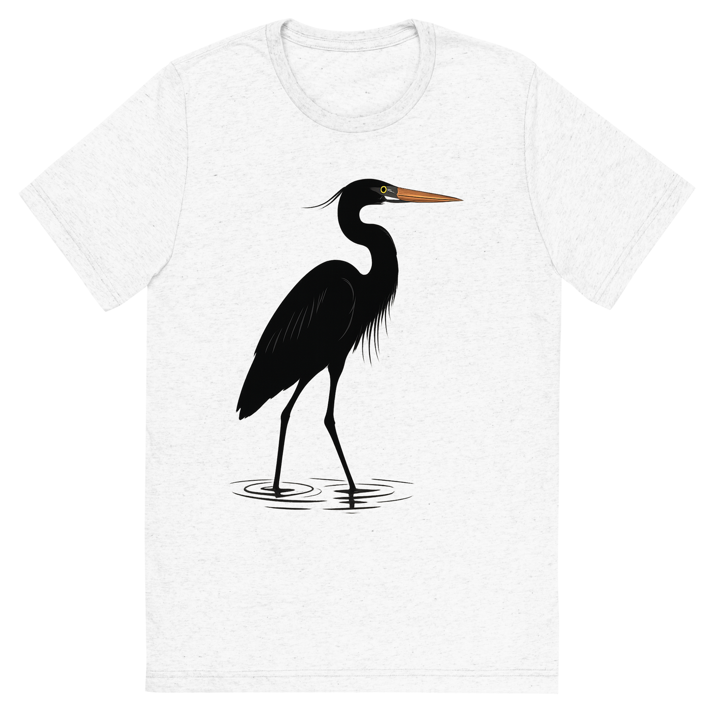Front view of a Premium Tri-Blend Crew Neck T-Shirt in Solid White showing 'A high-contrast silhouette with minimal accent color, graceful graphic of a tall silhouette of a great blue heron wading in shallow water, with subtle color on the beak and eye, long legs and neck featured, transparent background, optimized for dtg printing'
