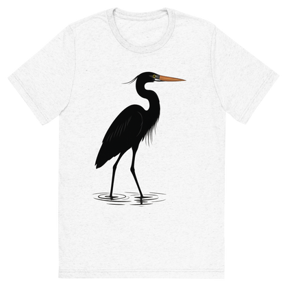 Front view of a Premium Tri-Blend Crew Neck T-Shirt in Solid White showing 'A high-contrast silhouette with minimal accent color, graceful graphic of a tall silhouette of a great blue heron wading in shallow water, with subtle color on the beak and eye, long legs and neck featured, transparent background, optimized for dtg printing'