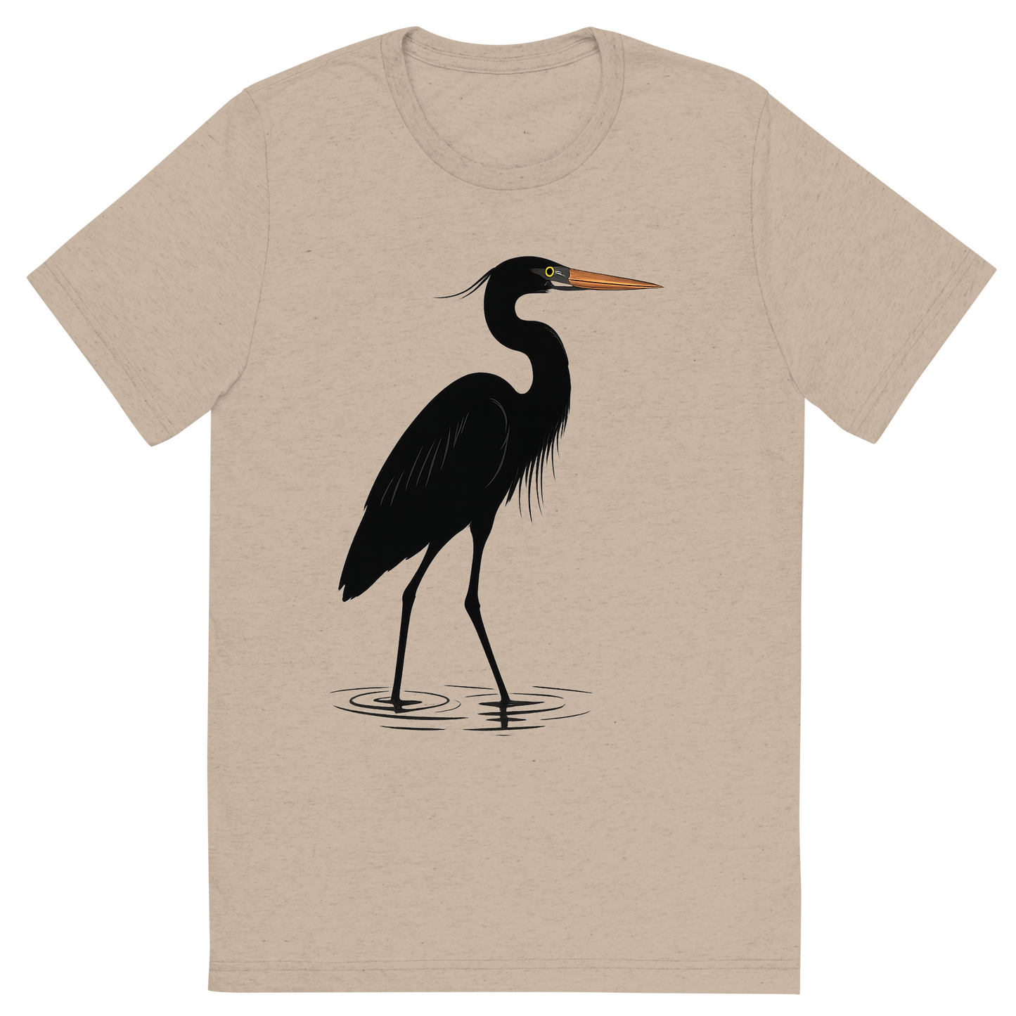 Front view of a Premium Tri-Blend Crew Neck T-Shirt in Tan showing 'A high-contrast silhouette with minimal accent color, graceful graphic of a tall silhouette of a great blue heron wading in shallow water, with subtle color on the beak and eye, long legs and neck featured, transparent background, optimized for dtg printing'