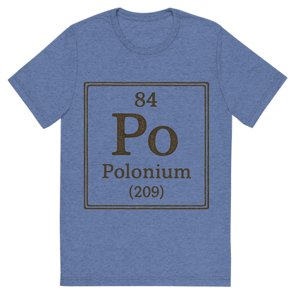 Front view of a Premium Tri-Blend Crew Neck T-Shirt in Blue showing 'A line art, nostalgic graphic of polonium's entry on the periodic table, use a dark color for the lines and text'