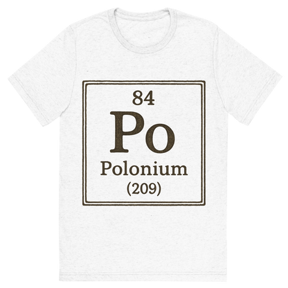 Front view of a Premium Tri-Blend Crew Neck T-Shirt in Solid White showing 'A line art, nostalgic graphic of polonium's entry on the periodic table, use a dark color for the lines and text'