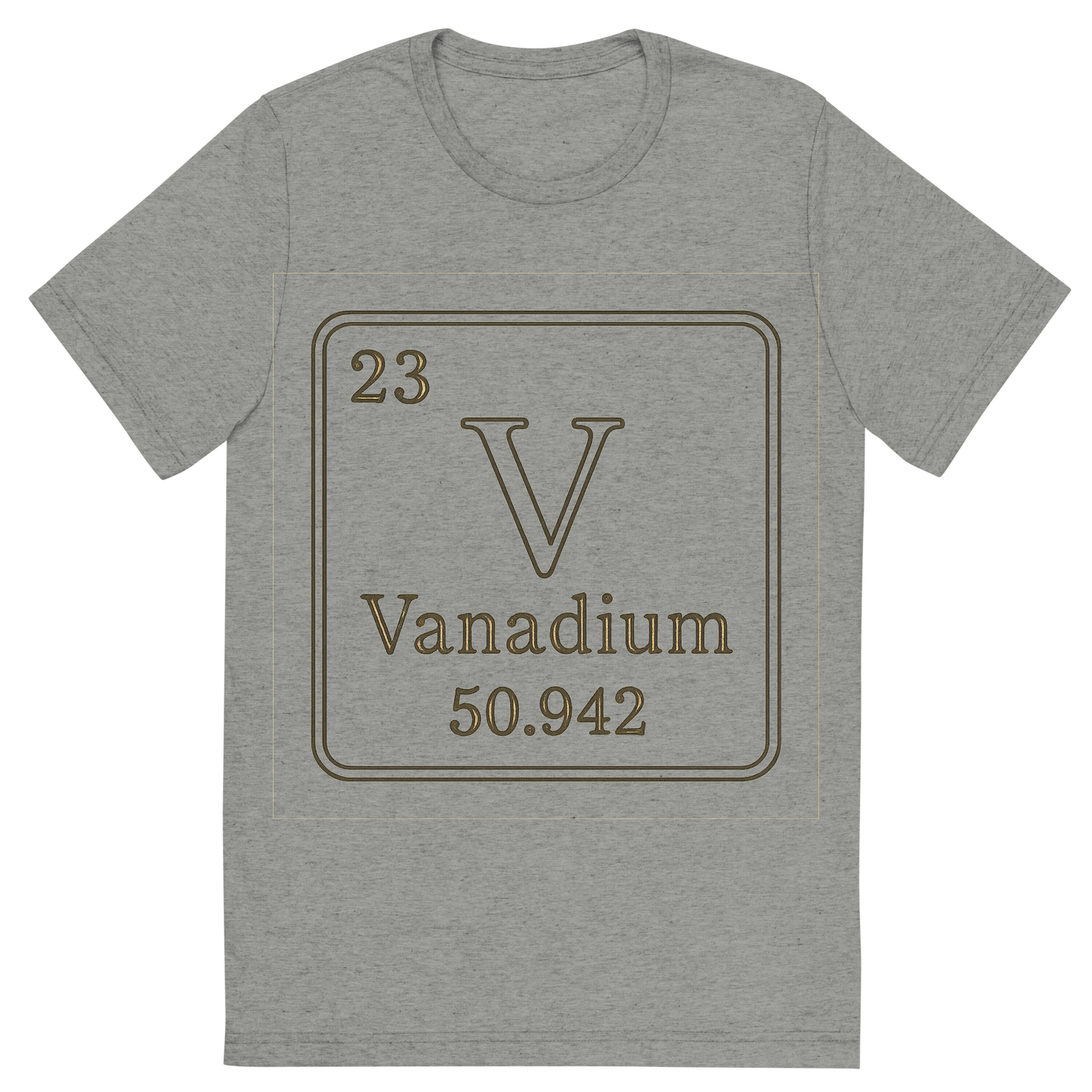Front view of a Premium Tri-Blend Crew Neck T-Shirt in Athletic Grey showing 'A line art, nostalgic graphic of vanadium's entry on the periodic table, use a dark color for the lines and text'