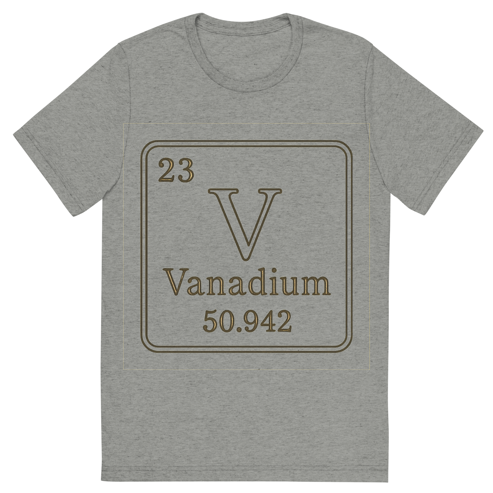 Front view of a Premium Tri-Blend Crew Neck T-Shirt in Athletic Grey showing 'A line art, nostalgic graphic of vanadium's entry on the periodic table, use a dark color for the lines and text'