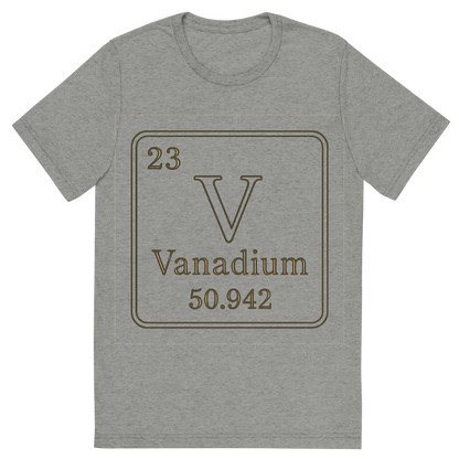Front view of a Premium Tri-Blend Crew Neck T-Shirt in Athletic Grey showing 'A line art, nostalgic graphic of vanadium's entry on the periodic table, use a dark color for the lines and text'