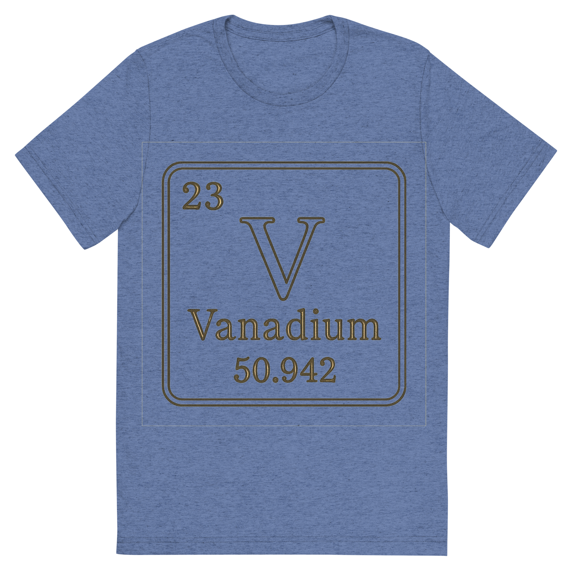 Front view of a Premium Tri-Blend Crew Neck T-Shirt in Blue showing 'A line art, nostalgic graphic of vanadium's entry on the periodic table, use a dark color for the lines and text'
