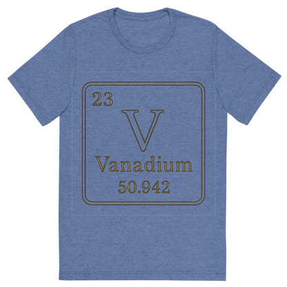 Front view of a Premium Tri-Blend Crew Neck T-Shirt in Blue showing 'A line art, nostalgic graphic of vanadium's entry on the periodic table, use a dark color for the lines and text'