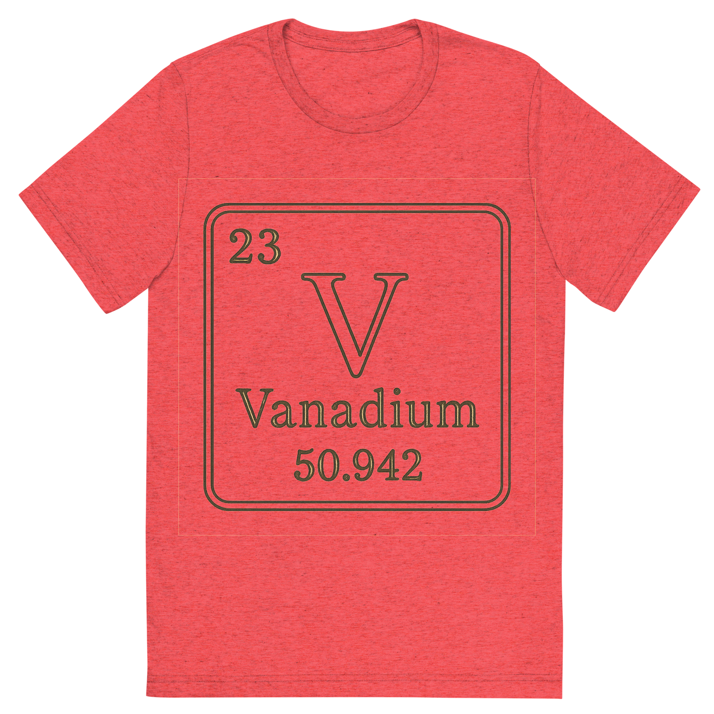 Front view of a Premium Tri-Blend Crew Neck T-Shirt in Red showing 'A line art, nostalgic graphic of vanadium's entry on the periodic table, use a dark color for the lines and text'