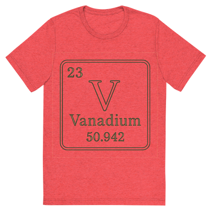 Front view of a Premium Tri-Blend Crew Neck T-Shirt in Red showing 'A line art, nostalgic graphic of vanadium's entry on the periodic table, use a dark color for the lines and text'