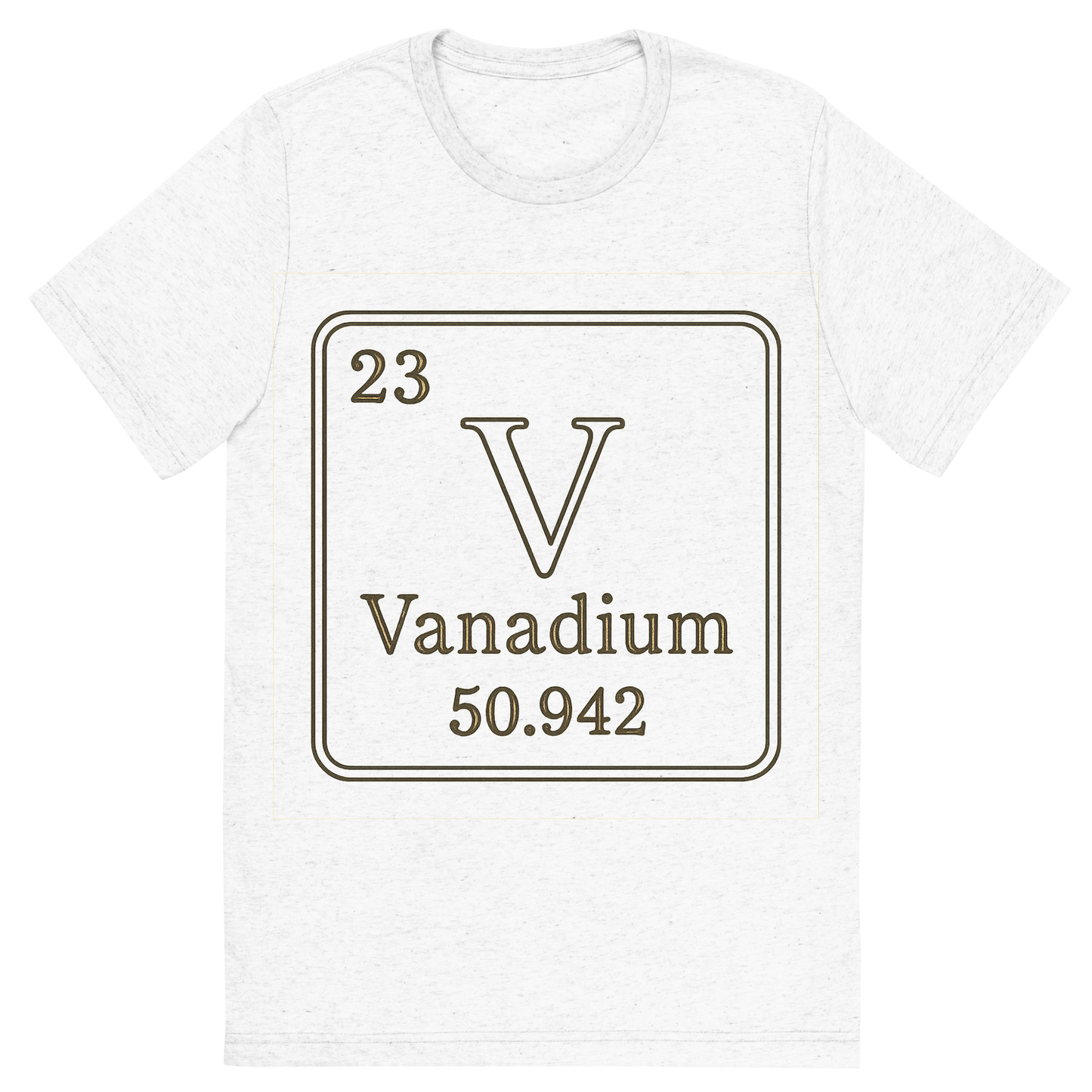 Front view of a Premium Tri-Blend Crew Neck T-Shirt in Solid White showing 'A line art, nostalgic graphic of vanadium's entry on the periodic table, use a dark color for the lines and text'