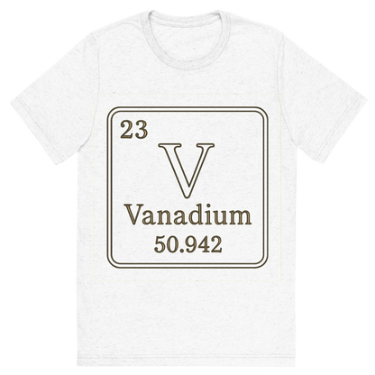 Front view of a Premium Tri-Blend Crew Neck T-Shirt in Solid White showing 'A line art, nostalgic graphic of vanadium's entry on the periodic table, use a dark color for the lines and text'