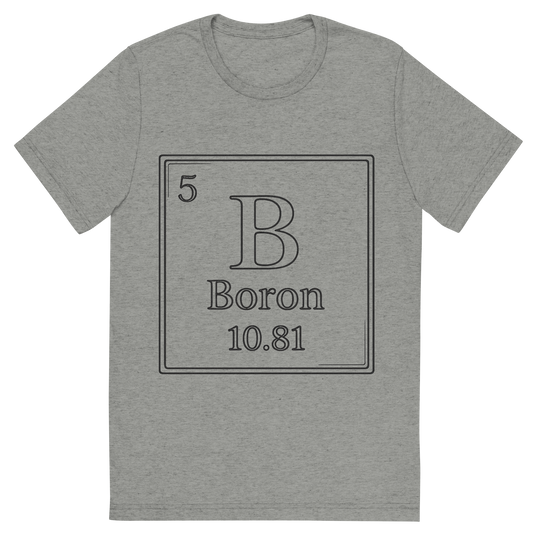 Front view of a Premium Tri-Blend Crew Neck T-Shirt in Athletic Grey showing 'A line art, nostalgic graphic of boron's entry on the periodic table, use a dark color for the lines and text'