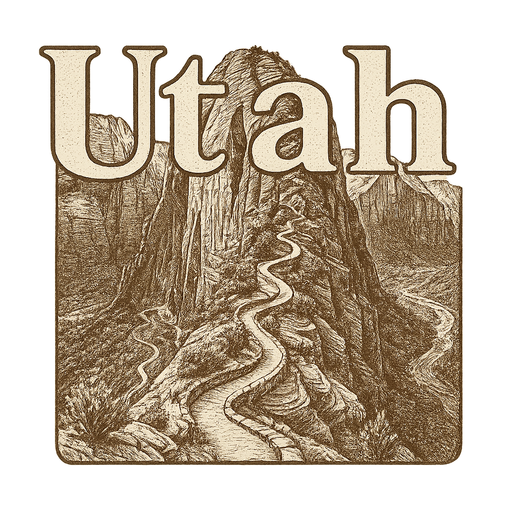 A typographic, nostalgic graphic of a typographic illustration of the words 'utah' with a vintage line art drawing of the angels landing trail – a t-shirt design