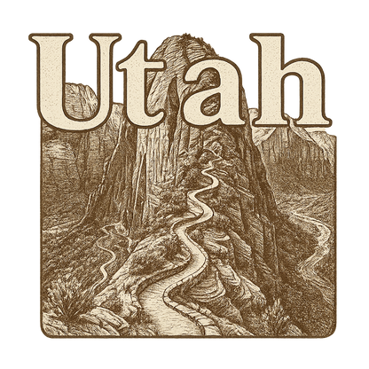 A typographic, nostalgic graphic of a typographic illustration of the words 'utah' with a vintage line art drawing of the angels landing trail – a t-shirt design