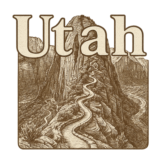 A typographic, nostalgic graphic of a typographic illustration of the words 'utah' with a vintage line art drawing of the angels landing trail – a t-shirt design