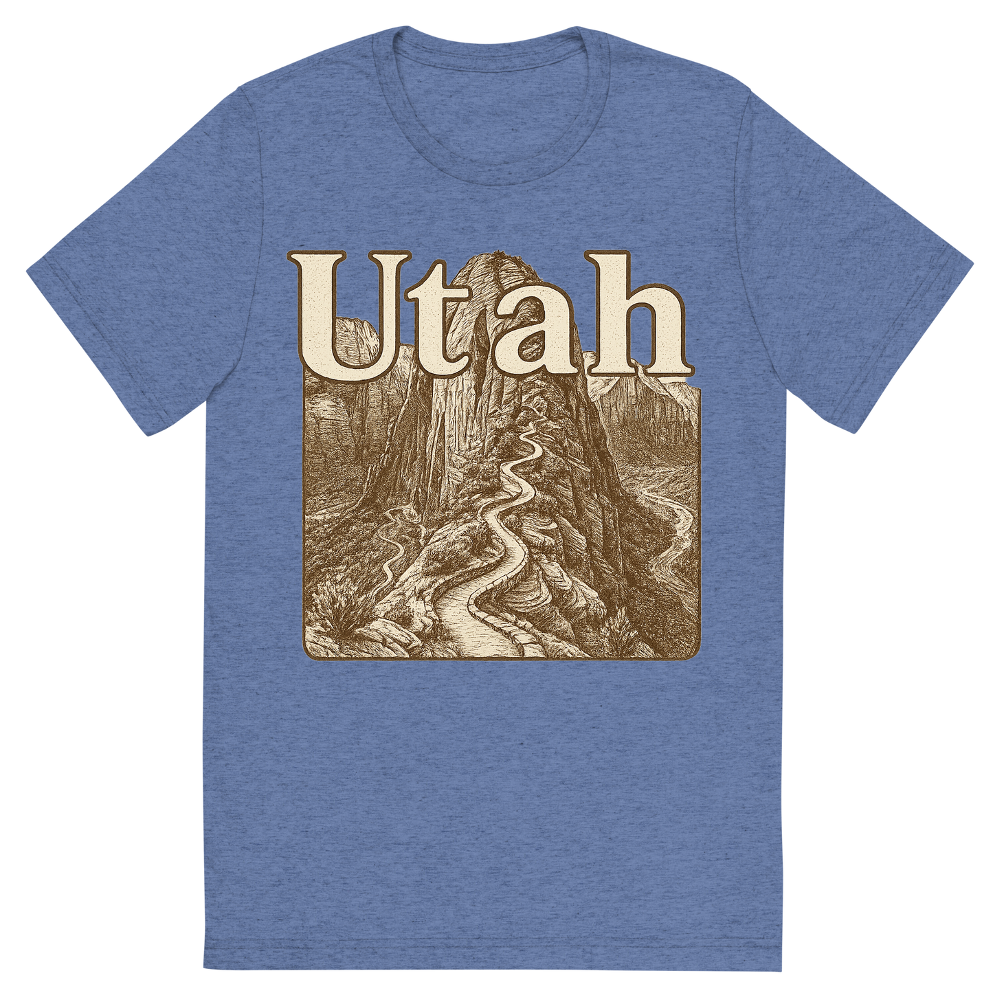 Front view of a Premium Tri-Blend Crew Neck T-Shirt in Blue showing 'A typographic, nostalgic graphic of a typographic illustration of the words 'utah' with a vintage line art drawing of the angels landing trail'