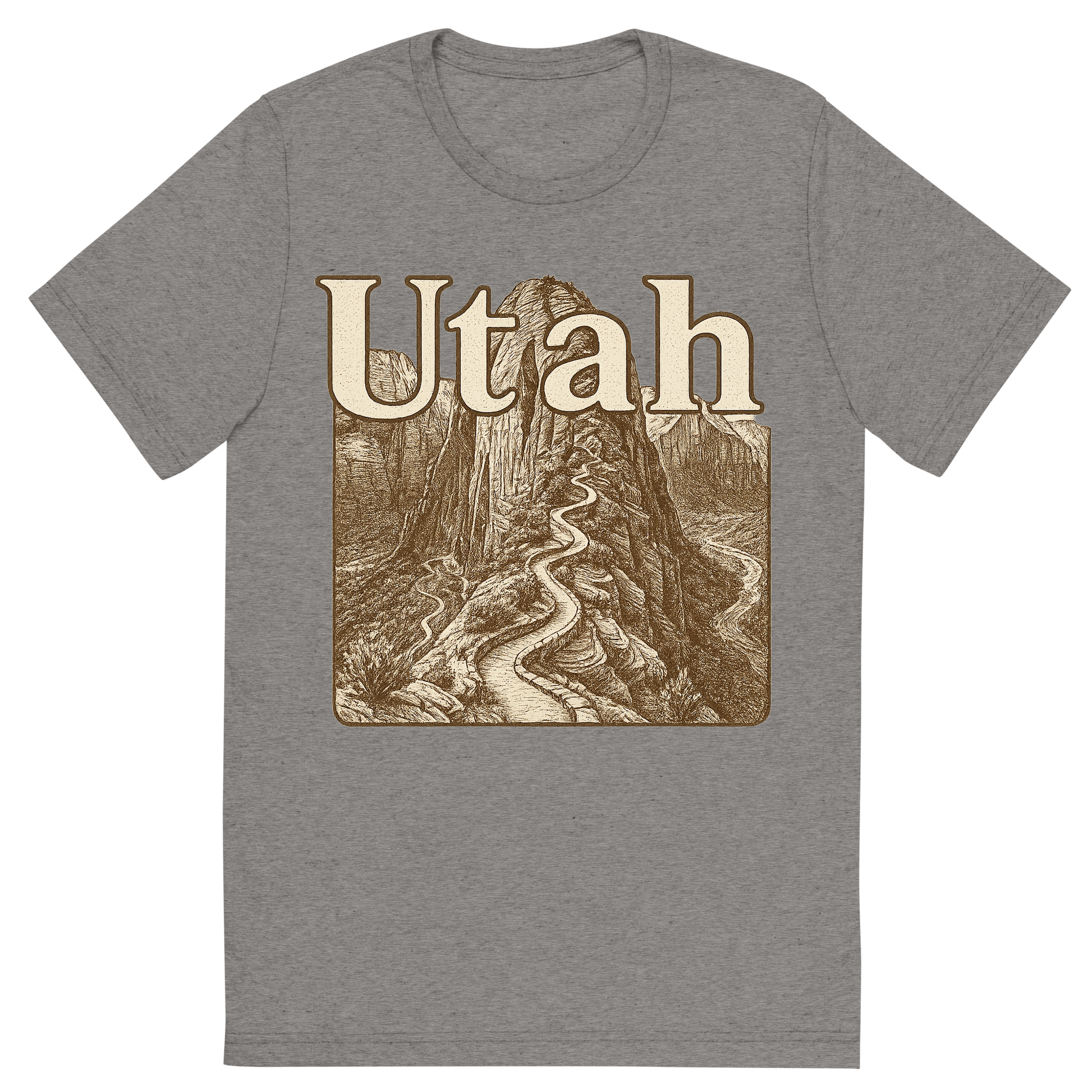 Front view of a Premium Tri-Blend Crew Neck T-Shirt in Grey showing 'A typographic, nostalgic graphic of a typographic illustration of the words 'utah' with a vintage line art drawing of the angels landing trail'