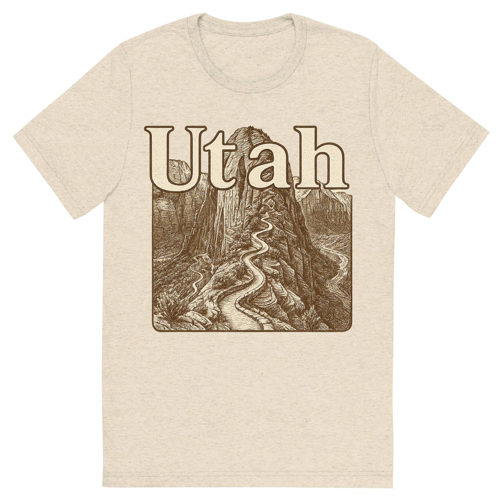 Front view of a Premium Tri-Blend Crew Neck T-Shirt in Oatmeal showing 'A typographic, nostalgic graphic of a typographic illustration of the words 'utah' with a vintage line art drawing of the angels landing trail'