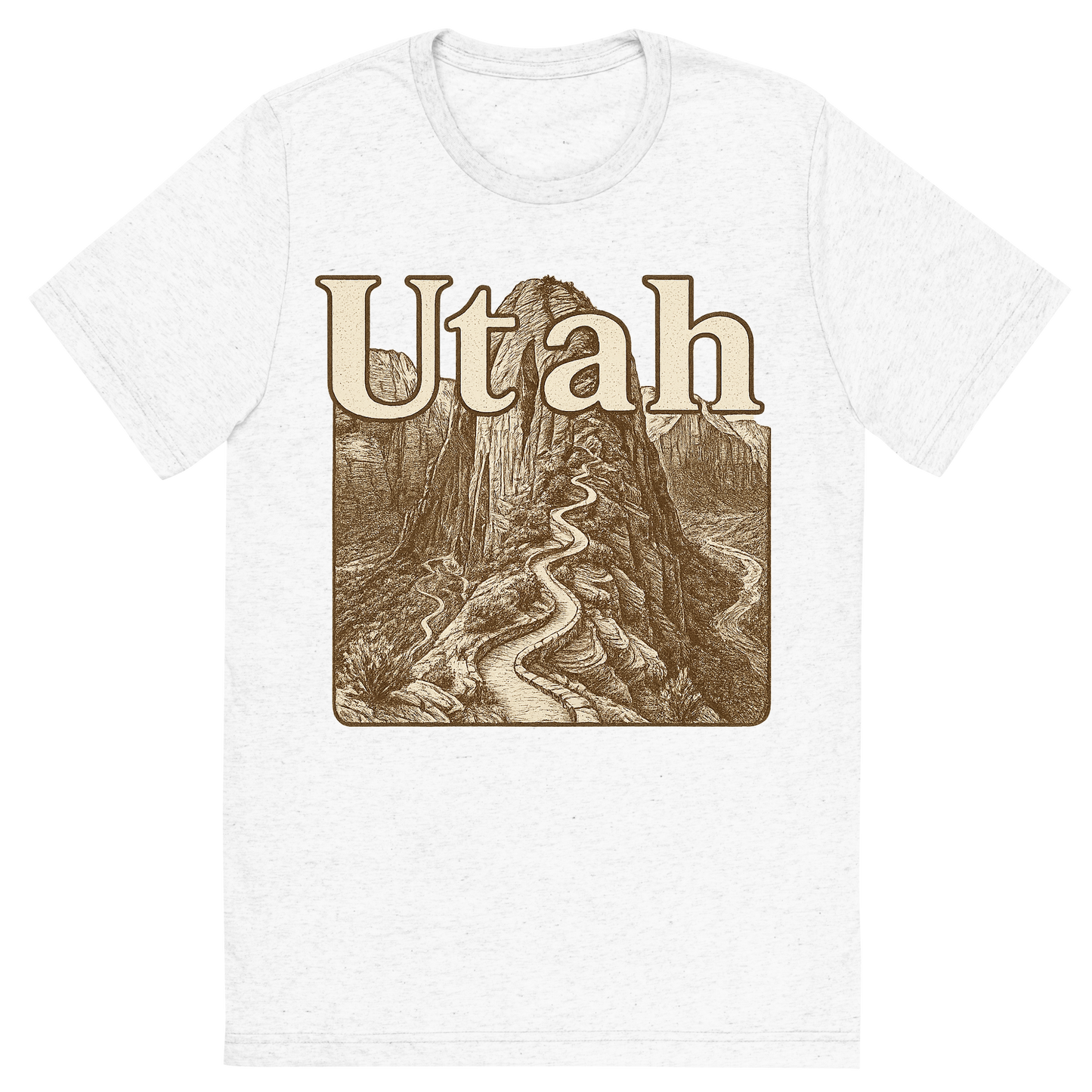Front view of a Premium Tri-Blend Crew Neck T-Shirt in Solid White showing 'A typographic, nostalgic graphic of a typographic illustration of the words 'utah' with a vintage line art drawing of the angels landing trail'