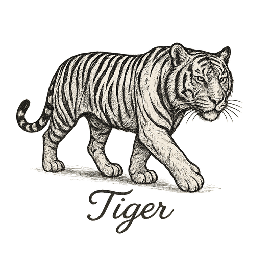 A flat, neutral graphic of a stylized sketch of a tiger mid-stride with distinctive stripes. “tiger” appears in graceful cursive below. detailed ink illustration on a white background. - a t-shirt design
