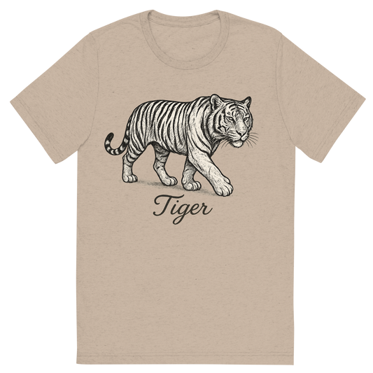 Front view of a Premium Tri-Blend Crew Neck T-Shirt in Tan showing 'A flat, neutral graphic of a stylized sketch of a tiger mid-stride with distinctive stripes. “tiger” appears in graceful cursive below. detailed ink illustration on a white background.'