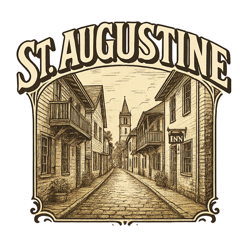 A typographic, nostalgic graphic of a typographic illustration of the words 'st. augustine' with a vintage line art drawing of st. george street – a t-shirt design